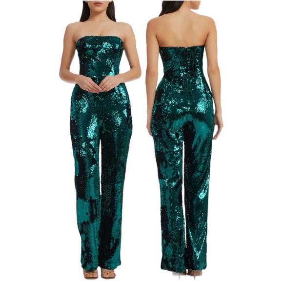 Dress the Population Pants - Dress the Population Andy Sequin Wide Leg Strapless Jumpsuit Green Size XXL NWT
